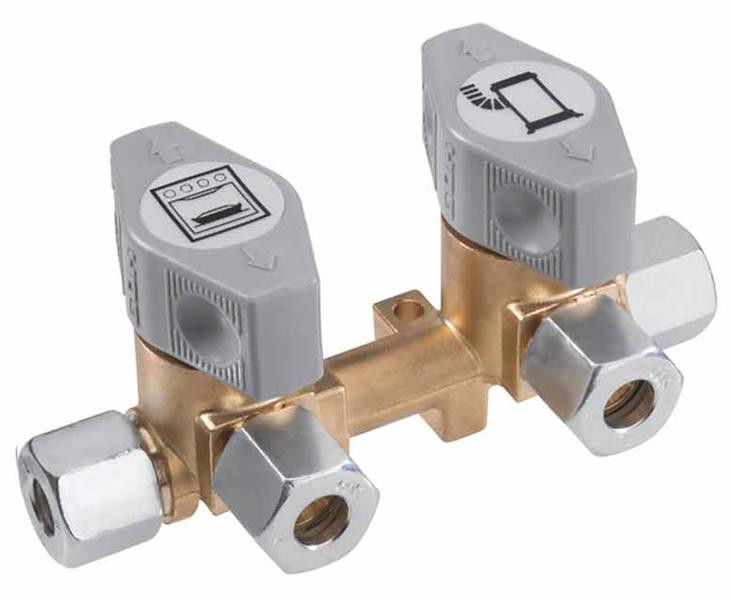 Blok rozdělovače plynu dvoucestný se dvěma uzavíracími ventily vstup a průchod 10 mm výstupy 2x 8 mm pro karavany a obytné vozy 305318